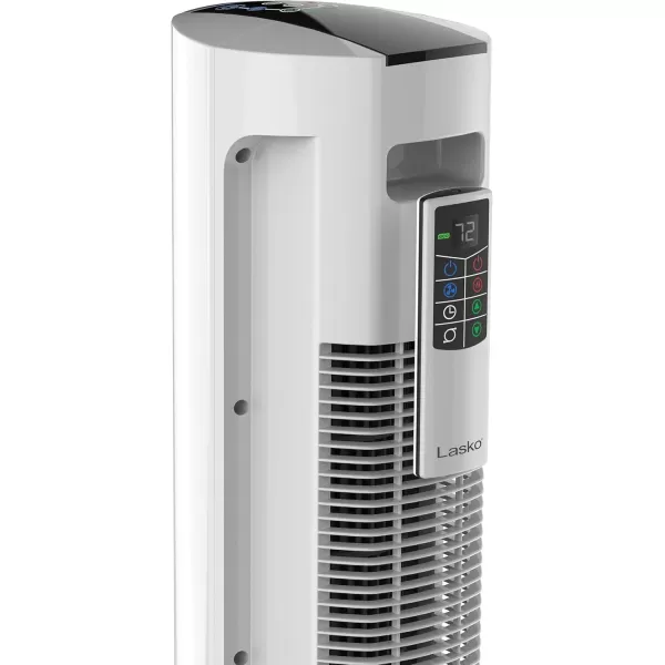 Lasko 1500 Watt 4 Speed Quiet Bladeless Multi Function Remote Control Comfort Control Tower Fan and Space Heater with 3 Heat Settings, White