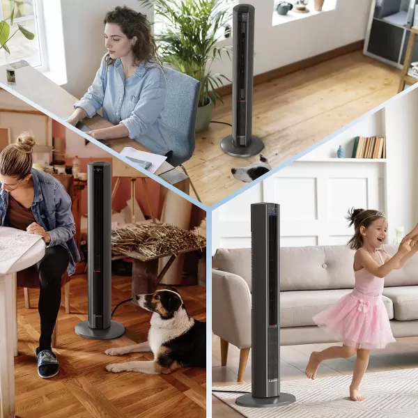 Lasko 1500 Watt 4 Speed Quiet Bladeless Multi Function Remote Control Comfort Control Tower Fan and Space Heater with 3 Heat Settings, White