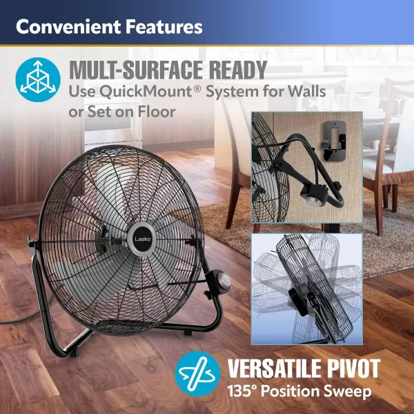 Lasko 20", High-Velocity Commercial Grade QuickMount, Converts from Floor Wall Mount Fan Ideal for Garages, Basements, Gyms, 2264QM, 7 x 22 x 22 inches, Black Silver