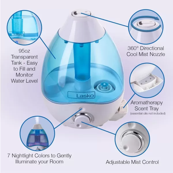 Lasko Cool Mist Humidifier with Essential Oils, Quiet and Soothing Ultrasonic Baby Humidifiers for Nursery, Bedroom, Kids , 2.8L Tank, No Filter