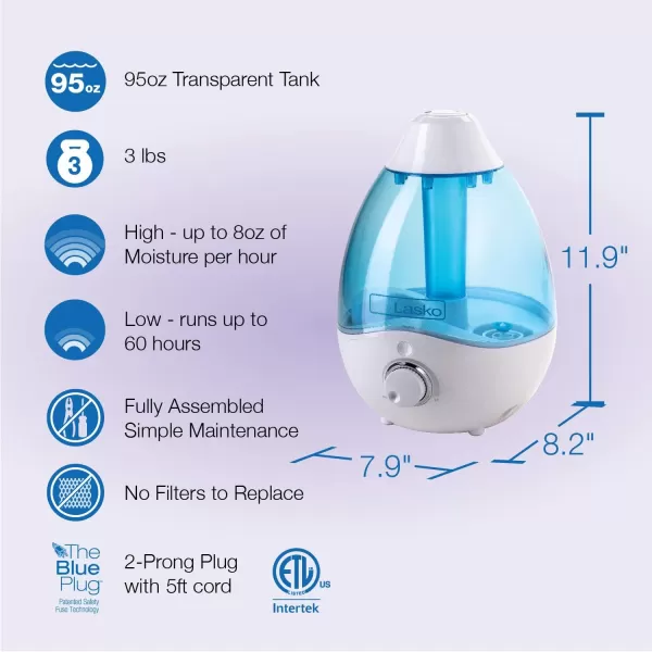Lasko Cool Mist Humidifier with Essential Oils, Quiet and Soothing Ultrasonic Baby Humidifiers for Nursery, Bedroom, Kids , 2.8L Tank, No Filter