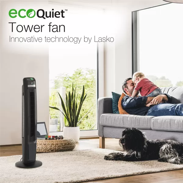 Lasko EcoQuiet Oscillating Tower Fan, Portable, Remote Control, Timer, 12 Quiet Speeds, for Living Room, Bedroom and Office, 42", Black, T42700, Large
