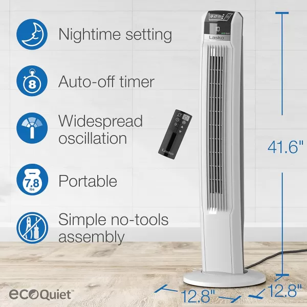 Lasko EcoQuiet Oscillating Tower Fan, Portable, Remote Control, Timer, 12 Quiet Speeds, for Living Room, Bedroom and Office, 42", Black, T42700, Large