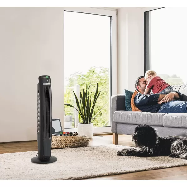 Lasko EcoQuiet Oscillating Tower Fan, Portable, Remote Control, Timer, 12 Quiet Speeds, for Living Room, Bedroom and Office, 42", Black, T42700, Large