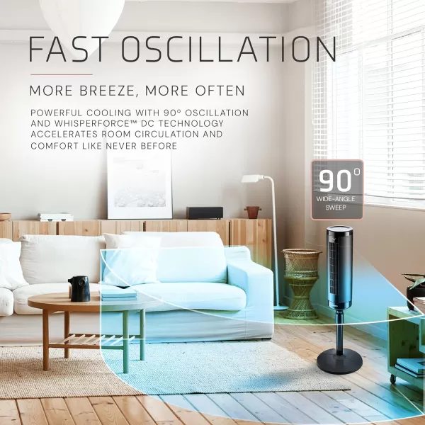 Lasko Elevation 42”-54” Adjustable Height Pedestal Tower Fans for Home, 31 ft/s Airflow, Quiet 28 dB on Low, 90° Oscillation, 12 Hour Timer, Remote Control, Black, EST100