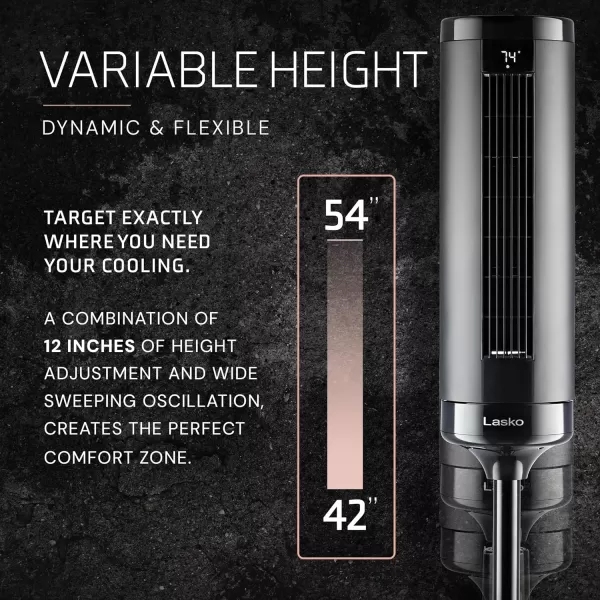 Lasko Elevation 42”-54” Adjustable Height Pedestal Tower Fans for Home, 31 ft/s Airflow, Quiet 28 dB on Low, 90° Oscillation, 12 Hour Timer, Remote Control, Black, EST100