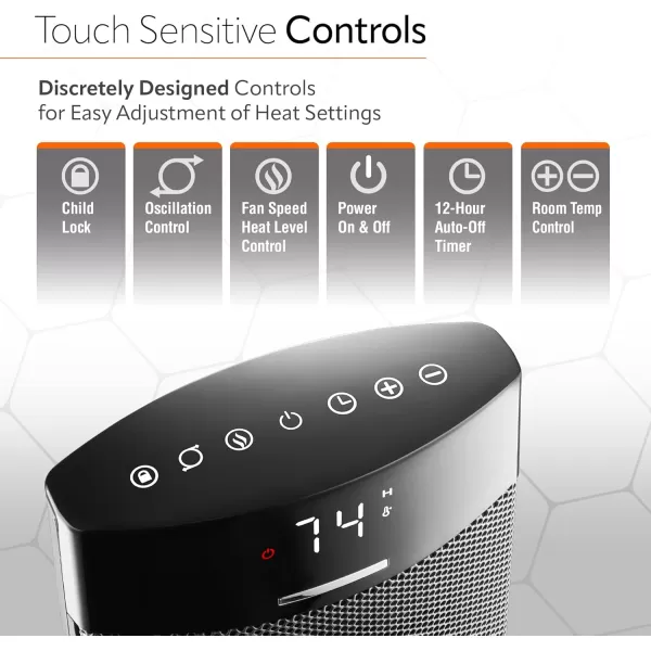Lasko Ellipse Ceramic Tower Heater for Home with Tipover Switch, Child Lock, Digital Display, Thermostat, Wide Oscillation, Remote, Timer, For Bedroom, Office, Living Room, Den, 1500W, Black, CT18950
