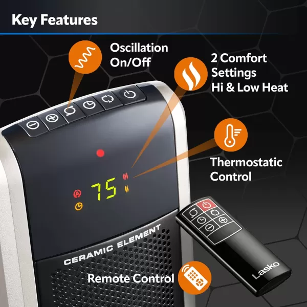 Lasko Ellipse Ceramic Tower Heater for Home with Tipover Switch, Child Lock, Digital Display, Thermostat, Wide Oscillation, Remote, Timer, For Bedroom, Office, Living Room, Den, 1500W, Black, CT18950