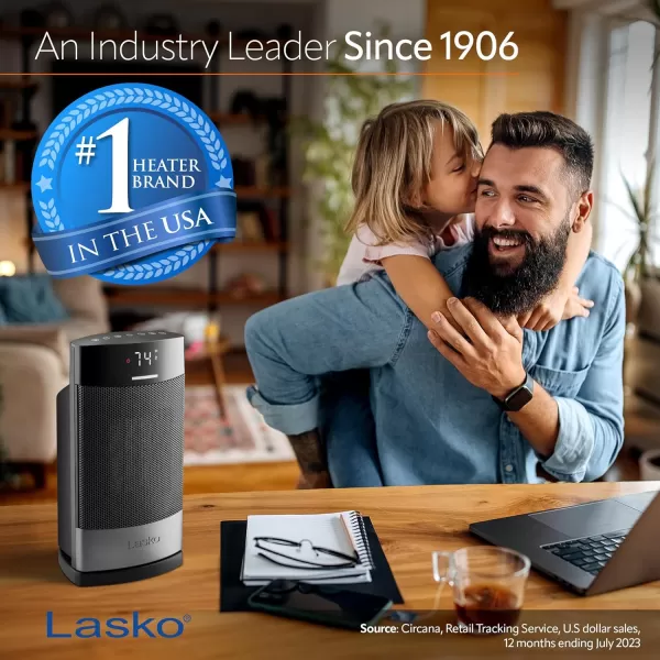 Lasko Ellipse Ceramic Tower Heater for Home with Tipover Switch, Child Lock, Digital Display, Thermostat, Wide Oscillation, Remote, Timer, For Bedroom, Office, Living Room, Den, 1500W, Black, CT18950