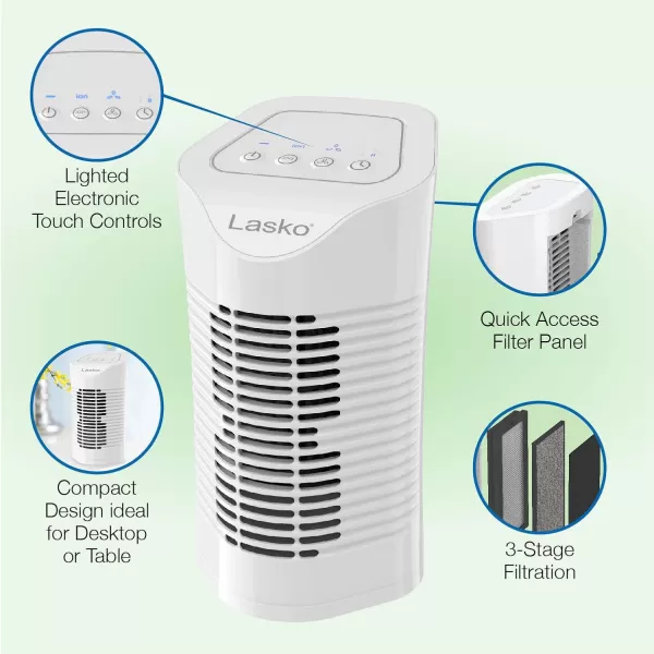 Lasko HF11200 Desktop Air Purifier for Home, Office, Bedroom, Dorm and Small Rooms – 3-Stage Filtration Removes Smoke, Pet Odors, Allergens, Dust and Mold Spores