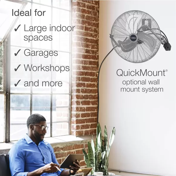 Lasko High Velocity Max Performance Floor Fan with Wall mount Option, 3 Powerful Speeds, Pivoting Fan Head for Home, Garage, Attic, 20", Black, 2265QM