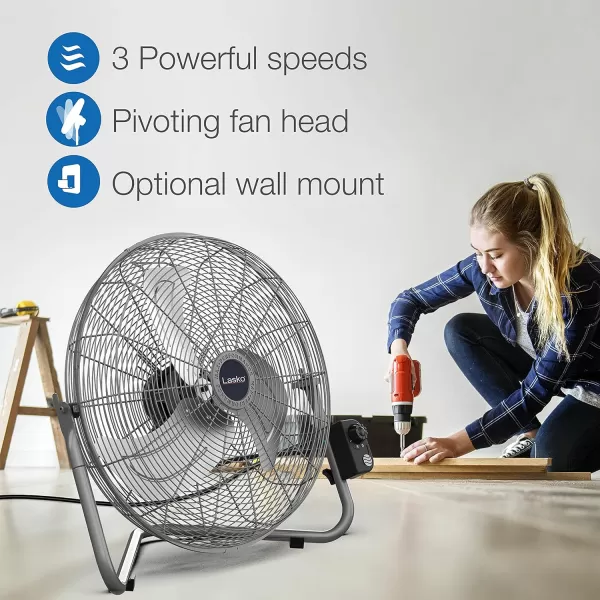 Lasko High Velocity Max Performance Floor Fan with Wall mount Option, 3 Powerful Speeds, Pivoting Fan Head for Home, Garage, Attic, 20", Black, 2265QM