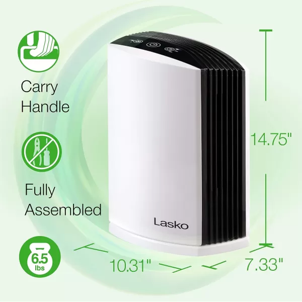 Lasko LP200 HEPA Desktop Air Purifier with Timer for a Cleaner,Fresher Home Environment –2-Stage Filtration Removes Smoke, Odors, Pet Dander, Virus Sized Particles,Pollen, 14.75" x 7.3” x 10.3”, White