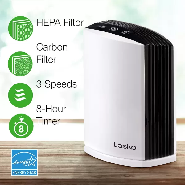 Lasko LP200 HEPA Desktop Air Purifier with Timer for a Cleaner,Fresher Home Environment –2-Stage Filtration Removes Smoke, Odors, Pet Dander, Virus Sized Particles,Pollen, 14.75" x 7.3” x 10.3”, White