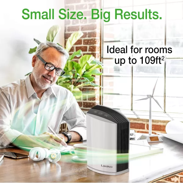 Lasko LP200 HEPA Desktop Air Purifier with Timer for a Cleaner,Fresher Home Environment –2-Stage Filtration Removes Smoke, Odors, Pet Dander, Virus Sized Particles,Pollen, 14.75" x 7.3” x 10.3”, White