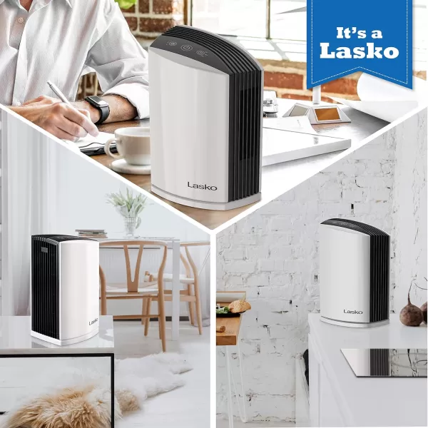 Lasko LP200 HEPA Desktop Air Purifier with Timer for a Cleaner,Fresher Home Environment –2-Stage Filtration Removes Smoke, Odors, Pet Dander, Virus Sized Particles,Pollen, 14.75" x 7.3” x 10.3”, White