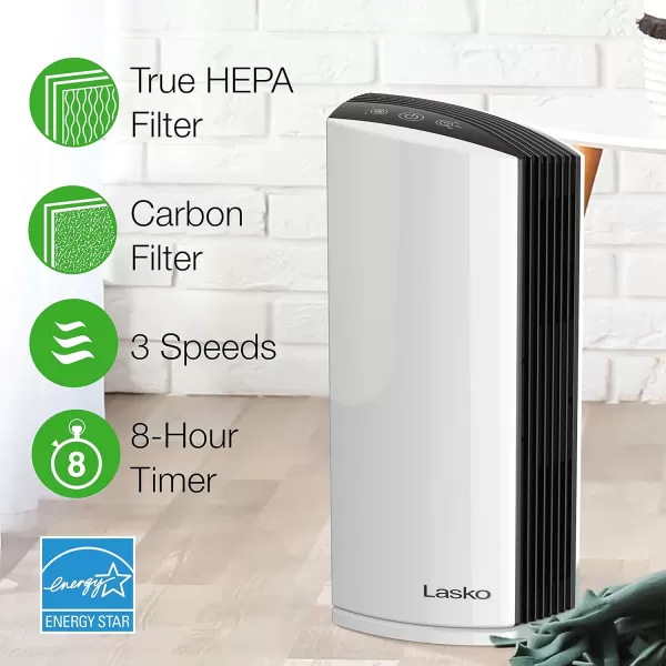 Lasko LP200 HEPA Desktop Air Purifier with Timer for a Cleaner,Fresher Home Environment –2-Stage Filtration Removes Smoke, Odors, Pet Dander, Virus Sized Particles,Pollen, 14.75" x 7.3” x 10.3”, White