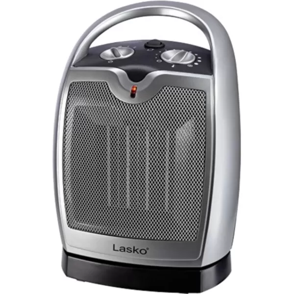 Lasko Oscillating Ceramic Tabletop Space Heater for Home with Adjustable Thermostat, Carrying Handle, 2 Speeds and Fan Only Mode, 11.6 Inches, Silver, 5409