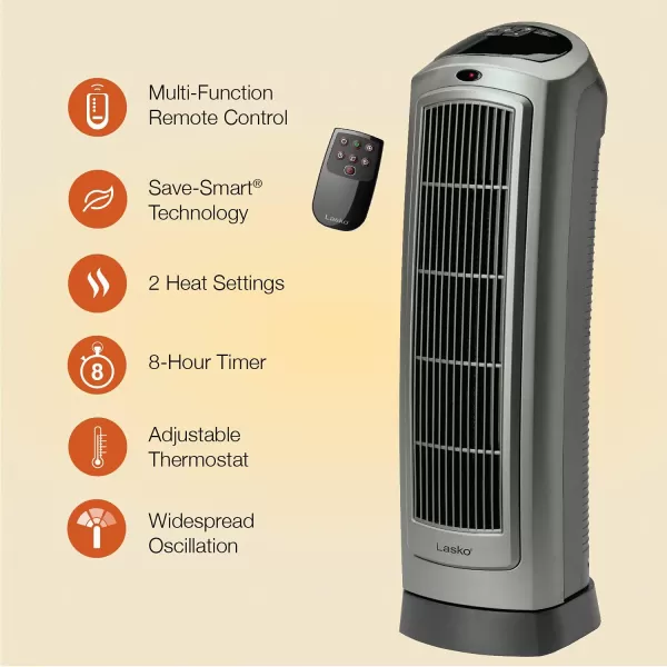 Lasko Oscillating Digital Ceramic Tower Heater for Home with Adjustable Thermostat, Timer and Remote Control, 23 Inches, 1500W, Silver, 755320, 8.5″L x 7.25″W x 23″H, Silver