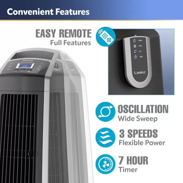 Lasko Oscillating High Velocity Tower Fan, Remote Control, Timer, 3 Powerful Speeds, for Garage, Basement and Gym, 35" Silver and Black, U35115, Large