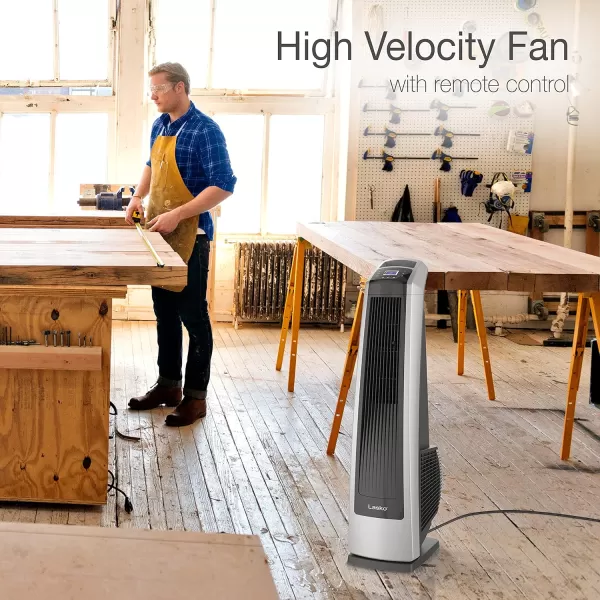 Lasko Oscillating High Velocity Tower Fan, Remote Control, Timer, 3 Powerful Speeds, for Garage, Basement and Gym, 35" Silver and Black, U35115, Large