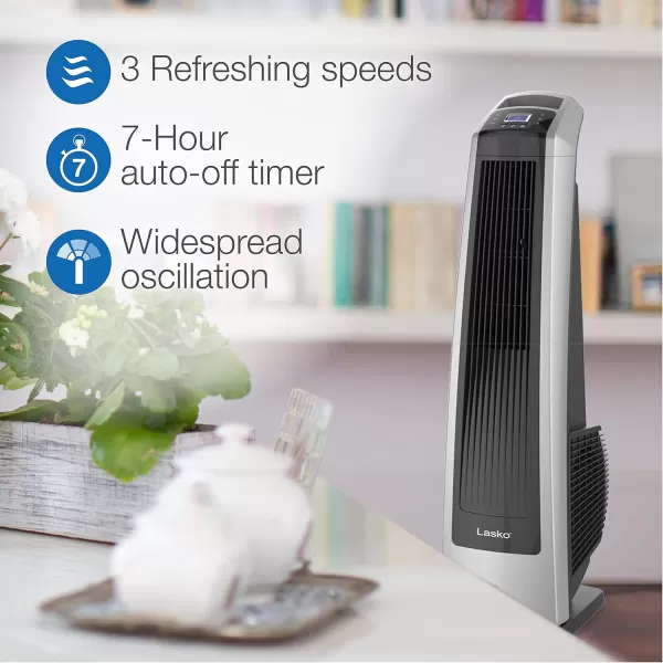 Lasko Oscillating High Velocity Tower Fan, Remote Control, Timer, 3 Powerful Speeds, for Garage, Basement and Gym, 35" Silver and Black, U35115, Large