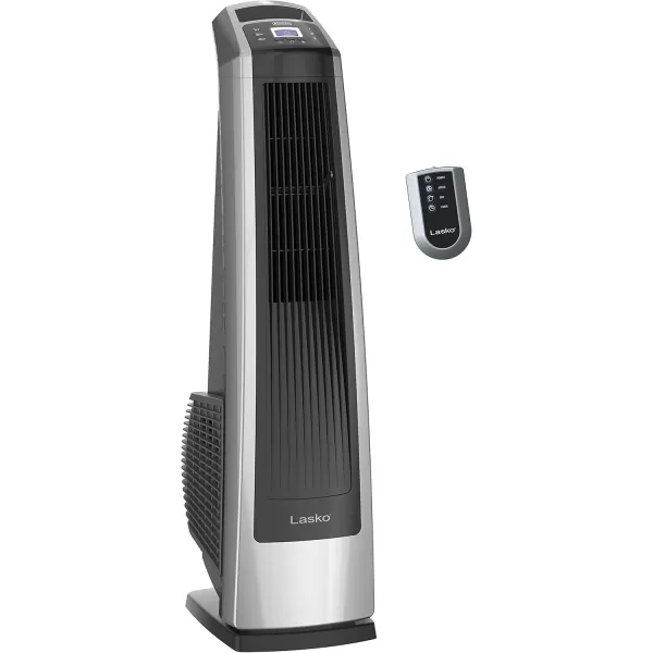 Lasko Oscillating High Velocity Tower Fan, Remote Control, Timer, 3 Powerful Speeds, for Garage, Basement and Gym, 35" Silver and Black, U35115, Large