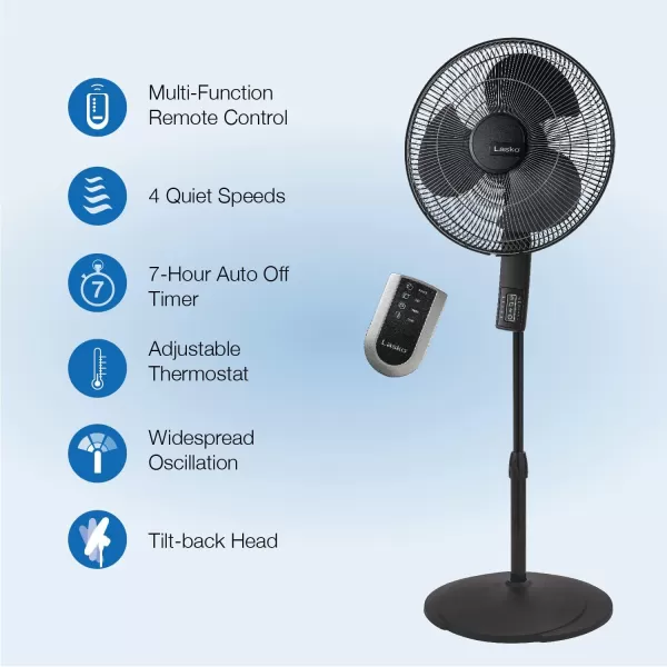 Lasko Oscillating Pedestal Fan, Thermostat, Adjustable Height, Remote Control, Timer, 4 Speeds, for Bedroom, Living Room, Office &amp; Dorm, 16", Black, S16612