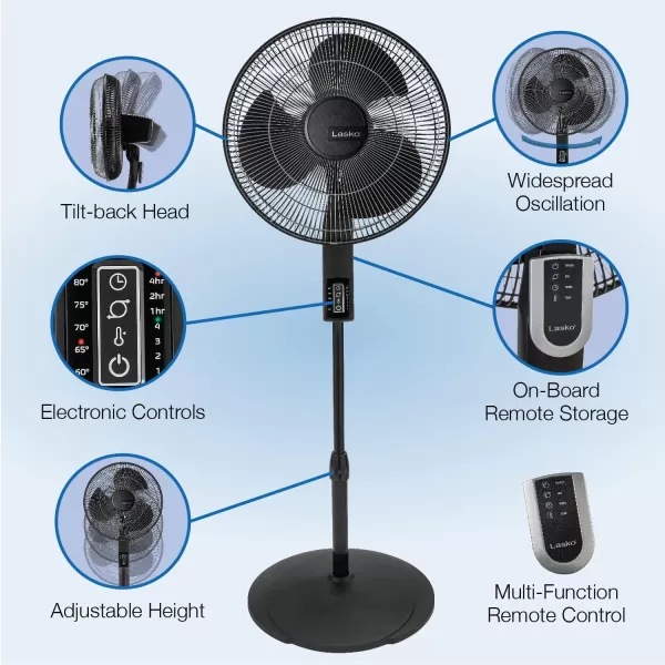 Lasko Oscillating Pedestal Fan, Thermostat, Adjustable Height, Remote Control, Timer, 4 Speeds, for Bedroom, Living Room, Office &amp; Dorm, 16", Black, S16612