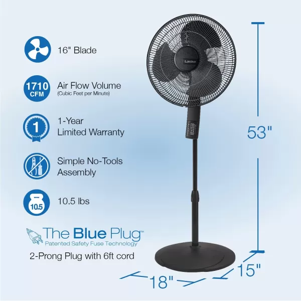 Lasko Oscillating Pedestal Fan, Thermostat, Adjustable Height, Remote Control, Timer, 4 Speeds, for Bedroom, Living Room, Office &amp; Dorm, 16", Black, S16612