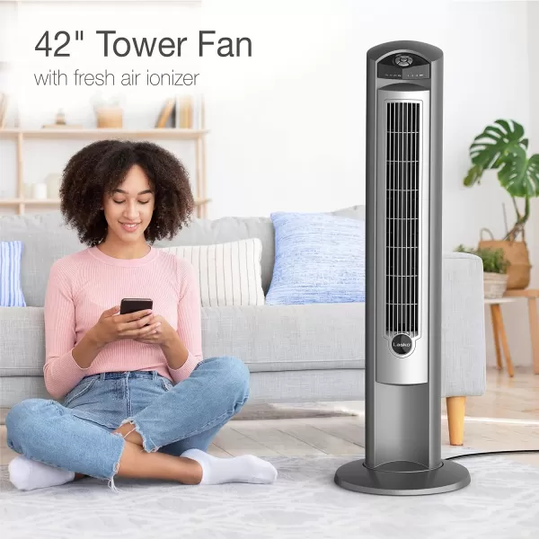 Lasko Oscillating Tower Fan, Remote Control, Ionizer, 3 Speeds, Timer, for Bedroom, Office, Kitchen 42", Black, T42950