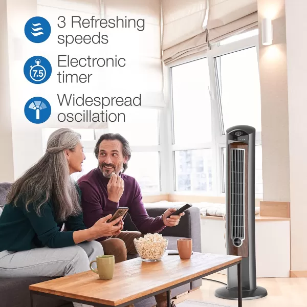 Lasko Oscillating Tower Fan, Remote Control, Ionizer, 3 Speeds, Timer, for Bedroom, Office, Kitchen 42", Black, T42950