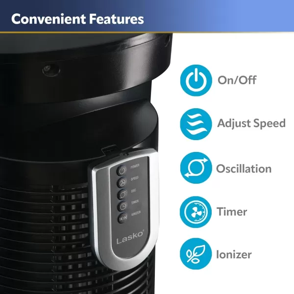 Lasko Oscillating Tower Fan, Remote Control, Ionizer, 3 Speeds, Timer, for Bedroom, Office, Kitchen 42", Black, T42950