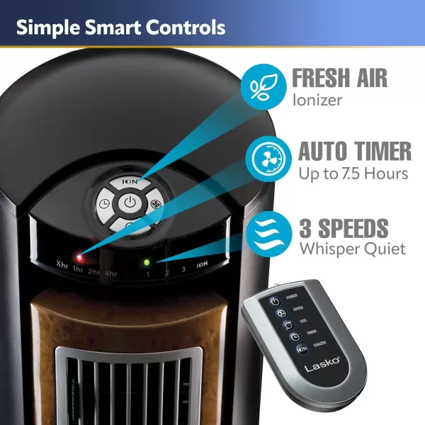 Lasko Oscillating Tower Fan, Remote Control, Ionizer, 3 Speeds, Timer, for Bedroom, Office, Kitchen 42", Black, T42950