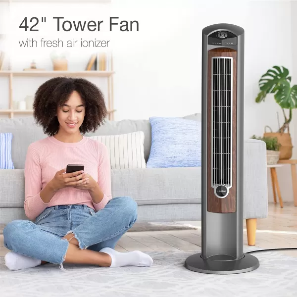 Lasko Oscillating Tower Fan, Remote Control, Ionizer, 3 Speeds, Timer, for Bedroom, Office, Kitchen 42", Black, T42950