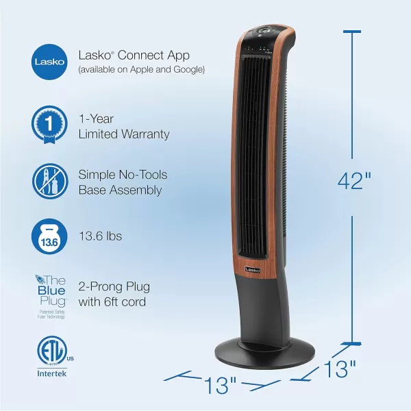 Lasko Oscillating Wind Curve Tower Fan, Bluetooth Technology, 3 Quiet Speeds, for Bedroom, Living Room &amp; Office, 42", Woodgrain, T42905
