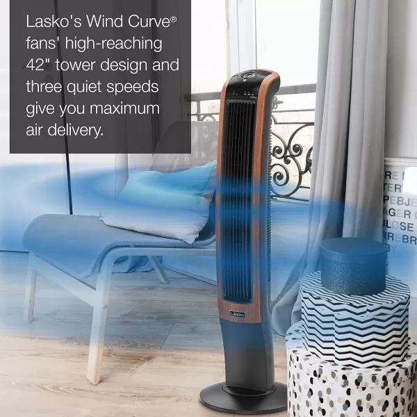 Lasko Oscillating Wind Curve Tower Fan, Bluetooth Technology, 3 Quiet Speeds, for Bedroom, Living Room &amp; Office, 42", Woodgrain, T42905