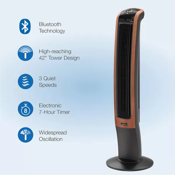 Lasko Oscillating Wind Curve Tower Fan, Bluetooth Technology, 3 Quiet Speeds, for Bedroom, Living Room &amp; Office, 42", Woodgrain, T42905