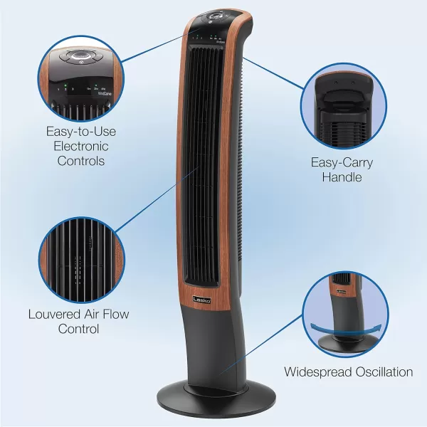 Lasko Oscillating Wind Curve Tower Fan, Bluetooth Technology, 3 Quiet Speeds, for Bedroom, Living Room &amp; Office, 42", Woodgrain, T42905