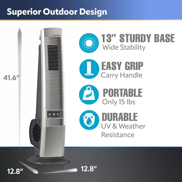 Lasko Outdoor Living Oscillating Tower Fan, for Decks, Patios and Porches, 10 Foot Power Cord, 4 Refreshing Speeds, 42", Grey, YF202