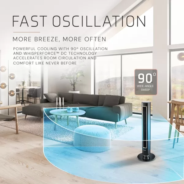 Lasko Pinnacle 40” Tower Fans for Home, 32 ft/s Airflow, Quiet 24dB on Low, 90° Oscillation, 24 Hour Timer, DC Motor, Air Filter for Hair &amp; Dust, Night Light, Remote, DST100