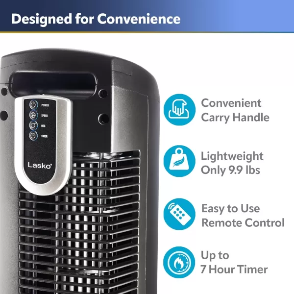 Lasko Portable 36" Oscillating 3-Speed Tower Fan with Remote Control and Timer for Bedroom and Home Office, White, 2510