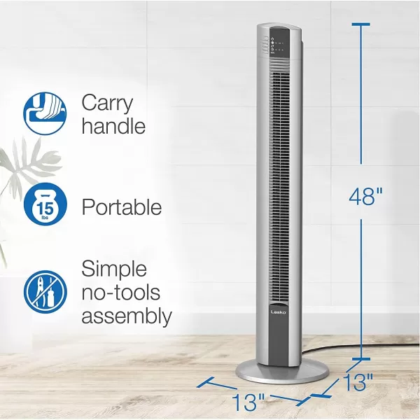 Lasko Portable Electric 48" Oscillating Tower Fan with Fresh Air Ionizer, Timer and Remote Control for Indoor, Bedroom and Home Office Use, Gray T48310