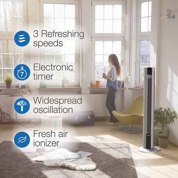 Lasko Portable Electric 48" Oscillating Tower Fan with Fresh Air Ionizer, Timer and Remote Control for Indoor, Bedroom and Home Office Use, Gray T48310