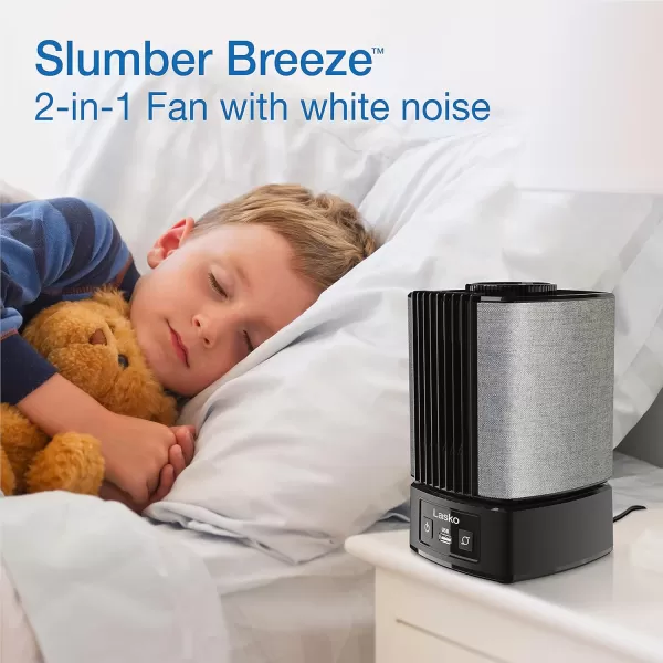 Lasko SB100 SlumberBreeze 2-in-1 Small Table Fan and White Noise Machine for Better Sleep in the Bedroom and Focus in the Home Office, Black