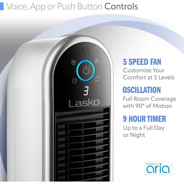 Lasko Smart Oscillating Tower Fan Powered by Aria, Wi-Fi Connected, Voice Controlled, Compatible with Alexa and Google Assistant, Timer, 5-Speeds, 40", White, T40735, Large