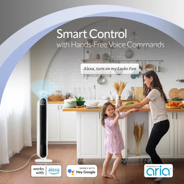 Lasko Smart Oscillating Tower Fan Powered by Aria, Wi-Fi Connected, Voice Controlled, Compatible with Alexa and Google Assistant, Timer, 5-Speeds, 40", White, T40735, Large