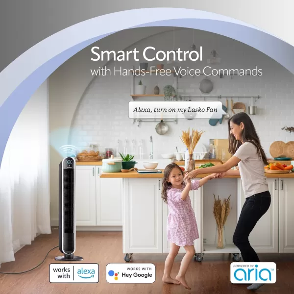 Lasko Smart Oscillating Tower Fan Powered by Aria, Wi-Fi Connected, Voice Controlled, Compatible with Alexa and Google Assistant, Timer, 5-Speeds, 40", White, T40735, Large