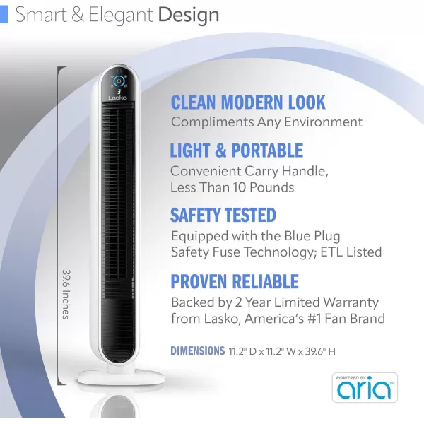 Lasko Smart Oscillating Tower Fan Powered by Aria, Wi-Fi Connected, Voice Controlled, Compatible with Alexa and Google Assistant, Timer, 5-Speeds, 40", White, T40735, Large