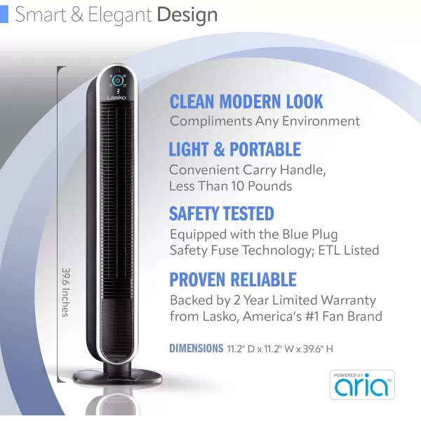 Lasko Smart Oscillating Tower Fan Powered by Aria, Wi-Fi Connected, Voice Controlled, Compatible with Alexa and Google Assistant, Timer, 5-Speeds, 40", White, T40735, Large